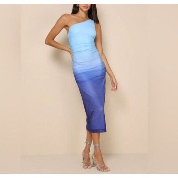 NEW Lulus Size XS Blue Ombre Mesh One‎ Shoulder Midi Dress Bodycon Stretch - Picture 1 of 14
